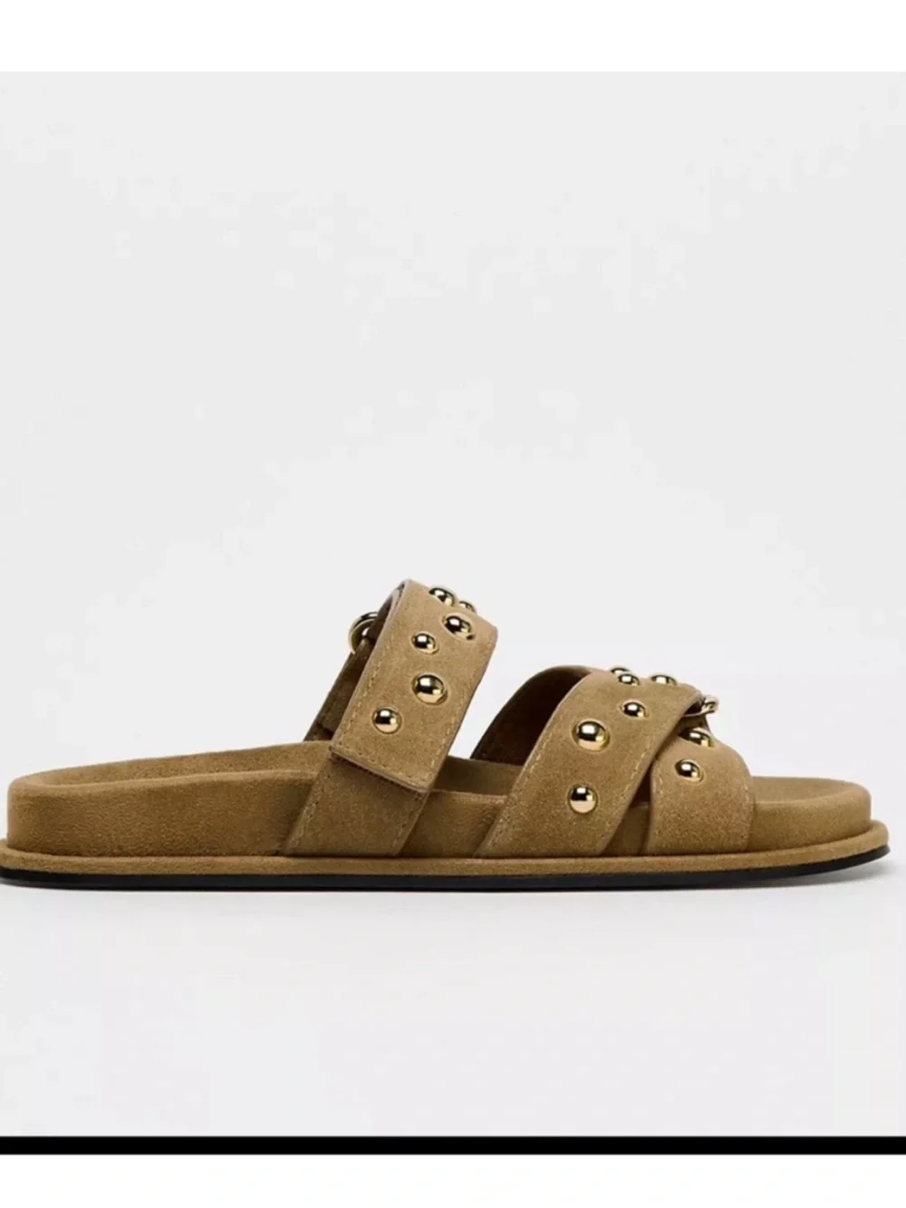 Zara Tan Studded Double-Strap Slide Sandals - Picture 2 of 7
